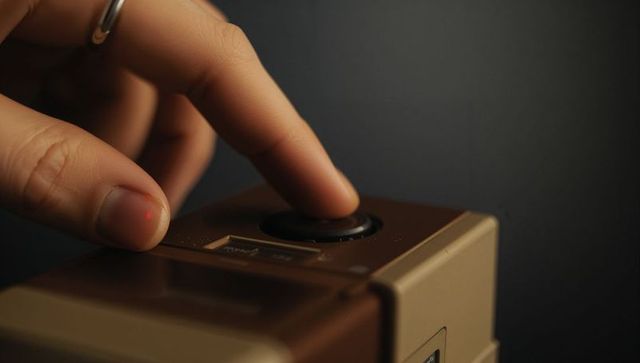 Fingertip pressing control dial on gold gadget closeup, hand with ring, macro detail