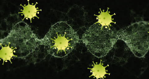 Animated COVID-19 Cells Over Spinning DNA Strand