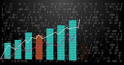 Showing rising digital analytics bar chart with binary code overlay and neon trend lines