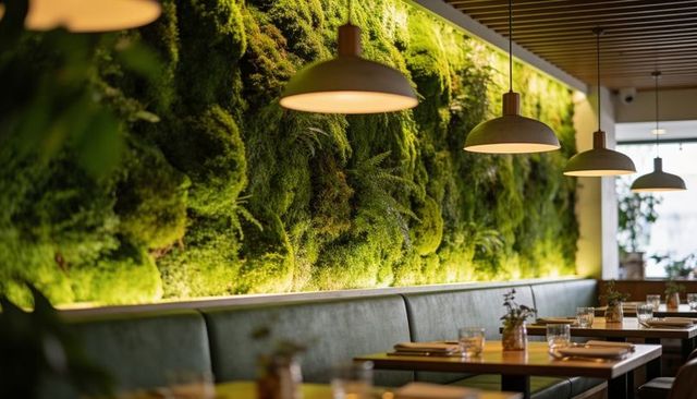 Lush moss feature wall enhancing modern restaurant interior with warm pendant lighting