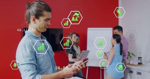 Team brainstorming session with holographic infographic elements