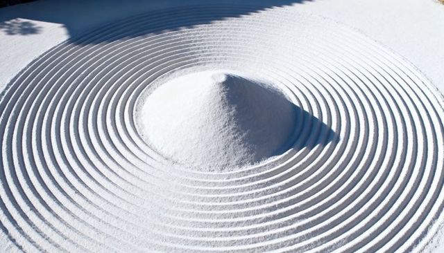 Raked zen sand garden conical mound with concentric ripples casting dramatic shadow