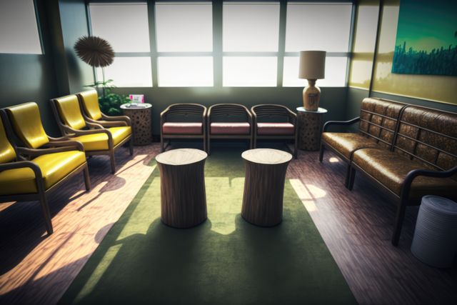 Office waiting room with modern furniture and window, created using generative ai technology. Business modern interiors concept digitally generated image.