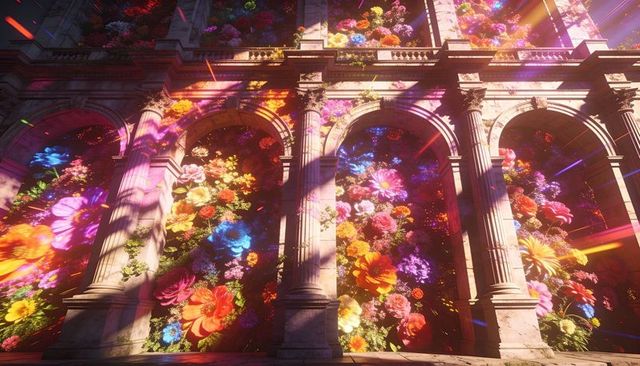 Sunlight streaming through classical arches revealing vibrant floral mural on stone facade