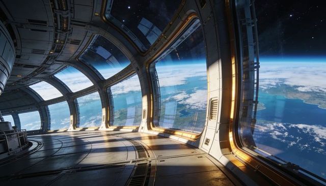 Orbital observation bay with panoramic curved windows overlooking earth limb and starfield
