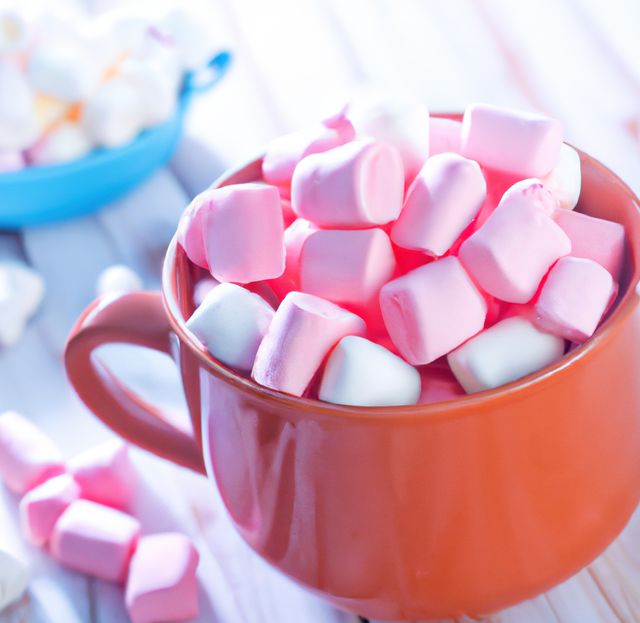 Close up of pots of multiple white marshmallows lying on table. Sweets, food and drink concept.