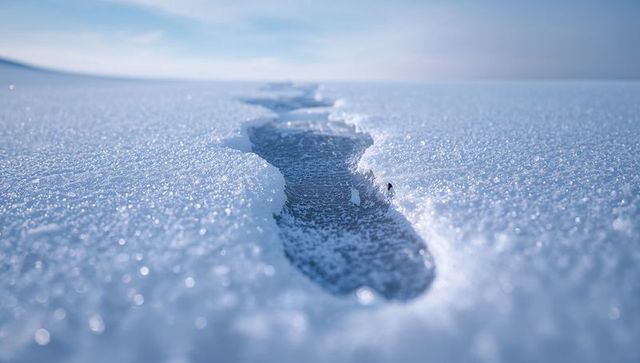 Single footprint sinking into sparkling snow trail across frozen plain under pale daylight
