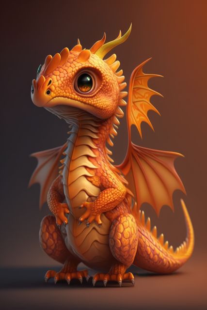 This charming dragon illustration, featuring a character with vibrant orange scales and endearing big eyes, is perfect for children's books, fantasy-themed products, and digital art collections. Ideal for creating whimsical and enchanting designs, it can be used in storybooks, posters, games, and educational materials to captivate young audiences and inspire imagination.