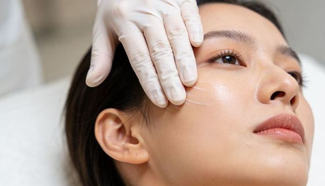 Asian woman receiving professional facial treatment with hydrating gel and gloved hands
