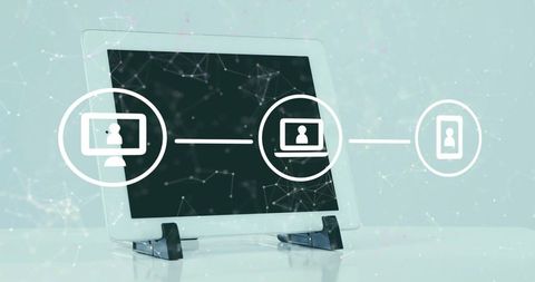 Tablet showing connected laptop and mobile icons representing digital connectivity, collaboration