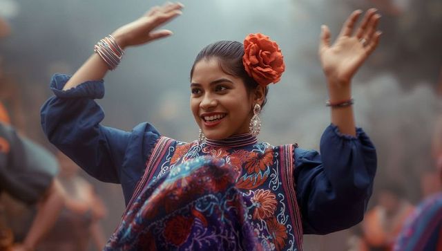 Hispanic dancer joyfully performing in traditional attire