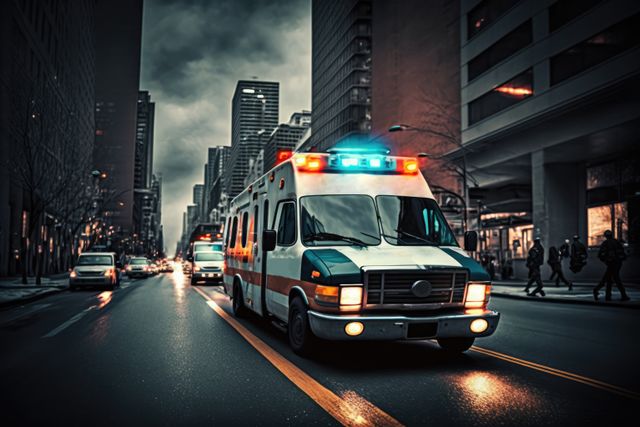 Ambulance driving in city street with clouded sky, created using generative ai technology. Ambulance and emergency medical services concept digitally generated image.