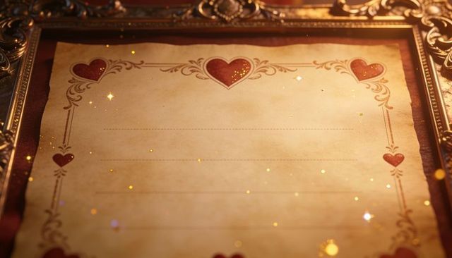 Antique heart-decorated parchment with gilded frame and velvet border for love letters
