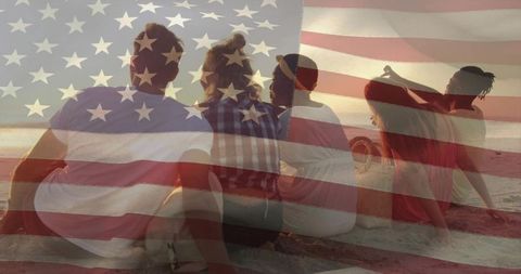 Diverse Friends Enjoy Beach Sunset with American Flag Overlay