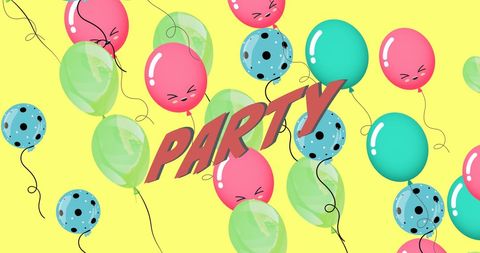 this digital design features vibrant balloons in shades of pink, green, and blue with playful expressions, set against a bright yellow background. emphasized by the large 'party' text in the foreground, this design conveys a fun and festive atmosphere. ideal for birthday invitations, party flyers, or event posters, it creates an energetic and joyful image suitable for celebrating any occasion.