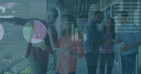 Professionals Analyzing Reports with Virtual Graphs in Office Hallway