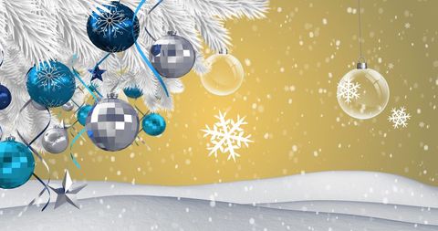 Falling Snow with Christmas Baubles on Winter Landscape