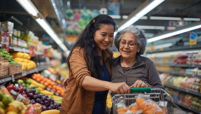 Smiling mom and daughter shopping fresh produce together while pushing cart of oranges