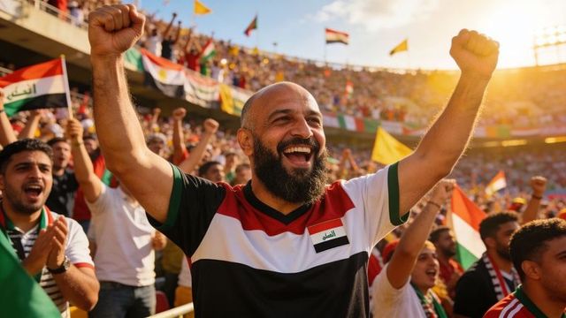 Iraqi football fans celebrating victory cheering bearded bald fan raising fists in stadium
