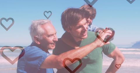 Caucasian family together on sunny beach with love overlay