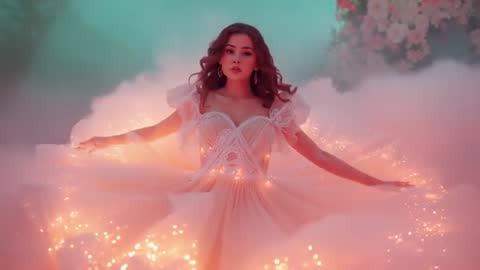 Ethereal Model in Glowing LED Gown with Mist and Floral Backdrop