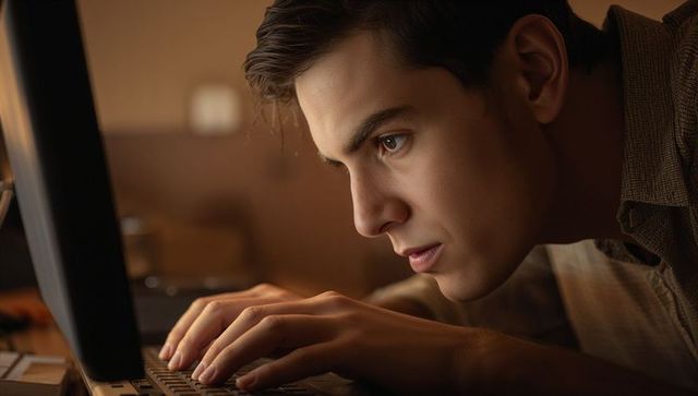 Young man leaning close typing on laptop under warm lamp in moody home workspace