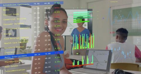 Smiling teen student viewing holographic charts while instructor presenting data in classroom