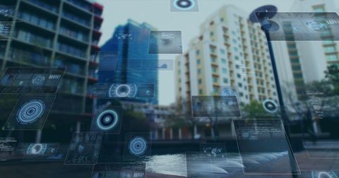 Futuristic Data Interfaces Overlaying Urban Cityscape