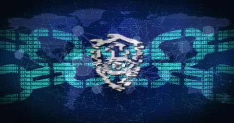 Digital Glitching Bank Symbol with Global Network Background