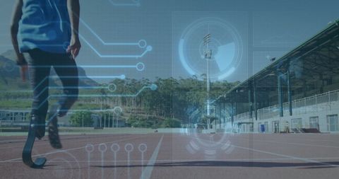 Paralympic Athlete on Track with Digital Analytics Overlay