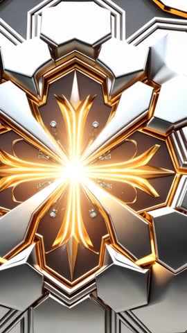 Pulsing golden cross emblem revealing hexagonal metallic panels in futuristic void