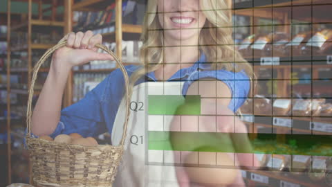 Happy Shopkeeper Holding Basket with Egg Overlayed by Graphs