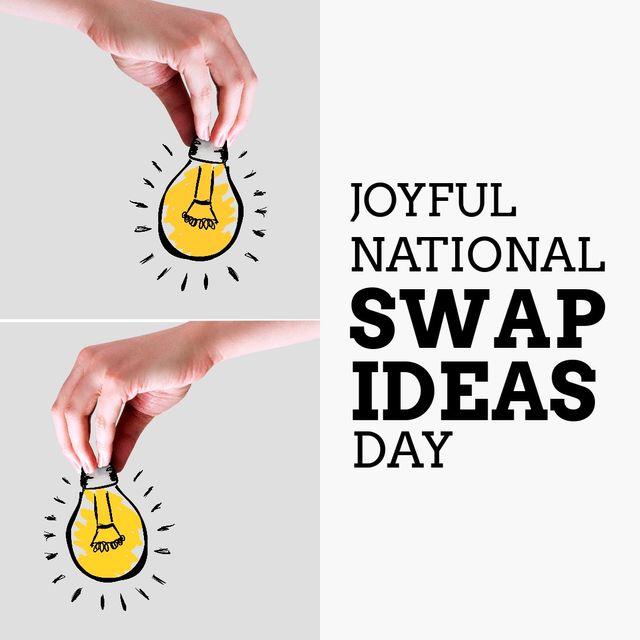 Caucasian woman's hands holding illustrated light bulbs over a white background, with the text 'Joyful National Swap Ideas Day' on the right side. This creative and inspiring image can be used to promote events, social media posts, and campaigns centered around idea exchanges and brainstorming sessions, as well as emphasizing the importance of creativity, cooperation, and sharing innovative ideas.