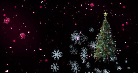 Christmas Tree with Falling Snowflakes and Festive Pink Decorations