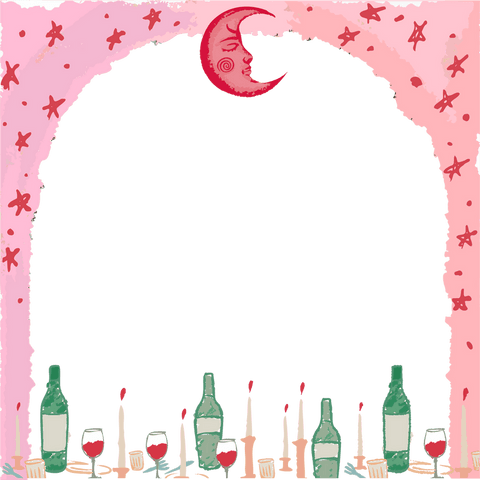 Transparent celestial pink arch with red moon and drinkware