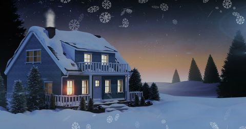 Cozy Snow-Covered House at Twilight with Snowflakes Overlay