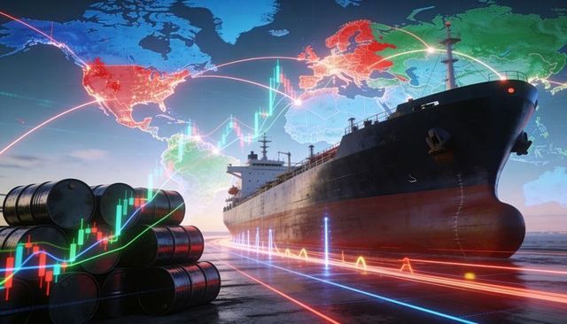 Connecting global oil trade with tanker, stacked barrels and live market chart overlays