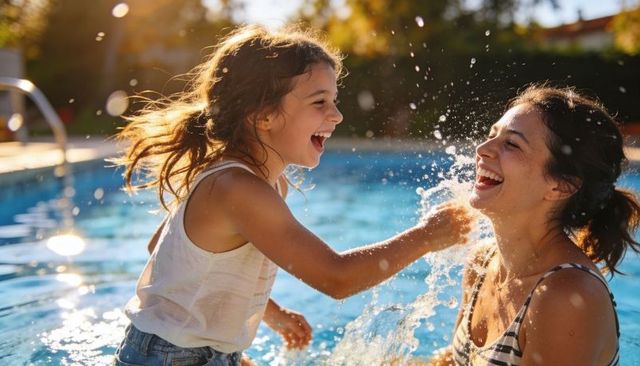 Mother and daughter splashing in backyard pool laughing in sunlight summer family fun