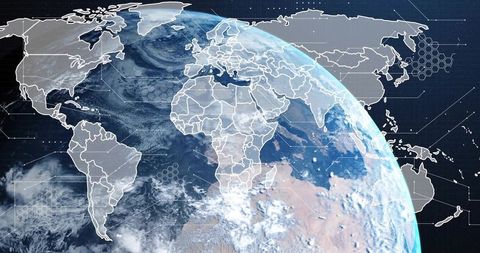 High-Tech Rotating Earth with Digital Borders and Data Nodes