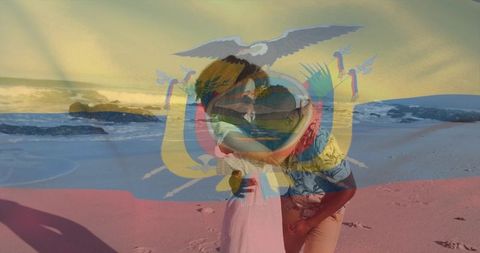 Kissing couple embracing on sunset beach with ecuador coat of arms double exposure