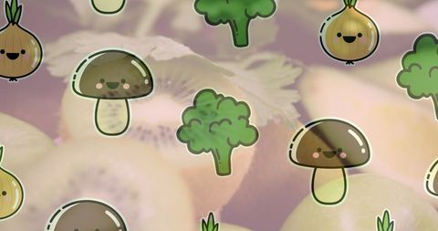 Whimsical Vegetable Illustrations Over Fresh Kiwi and Avocado