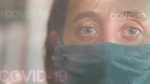 Caucasian Woman in Face Mask with COVID-19 Text Overlay