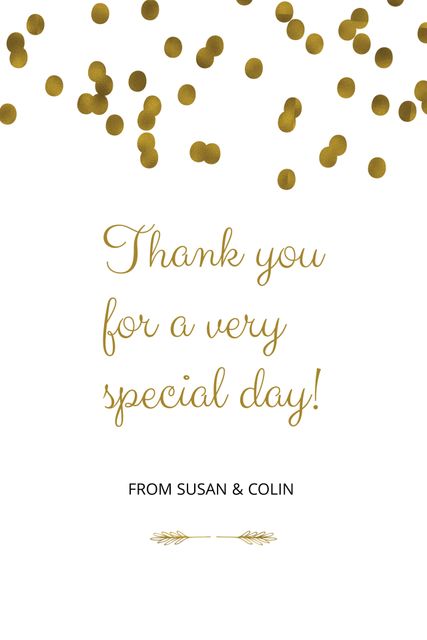 An elegant thank you card featuring golden confetti and a heartfelt message expressing gratitude for a special day. Perfect for weddings, anniversaries, celebrations, and other memorable events, allowing individuals to convey their appreciation beautifully. The sophisticated design ensures suitability for both personal and formal occasions.
