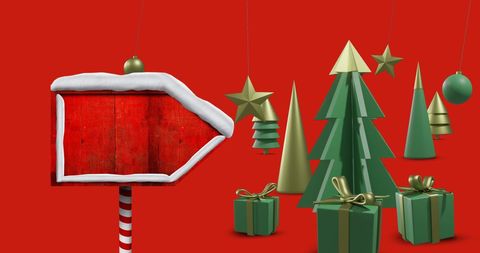 Festive christmas decorations with blank road sign