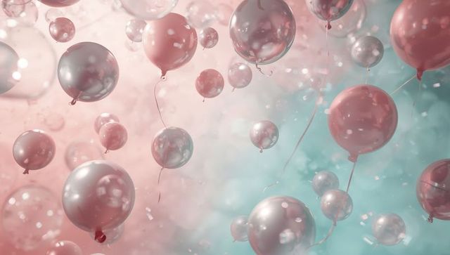 Floating pastel pearl balloons drifting over pink teal bokeh backdrop for dreamy celebrations