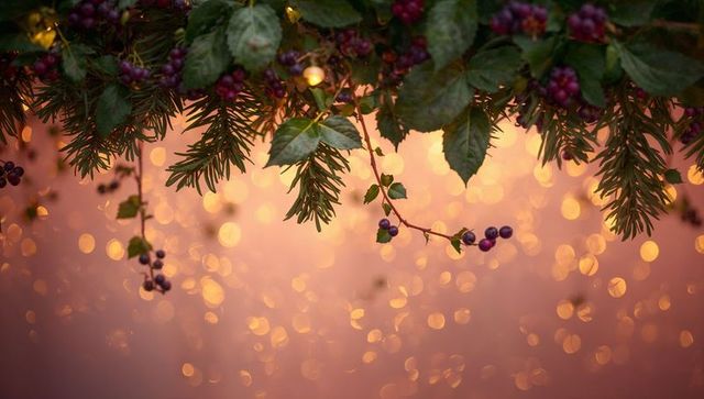 Hanging festive garland with pine sprigs, glossy leaves, purple winter berries and warm bokeh