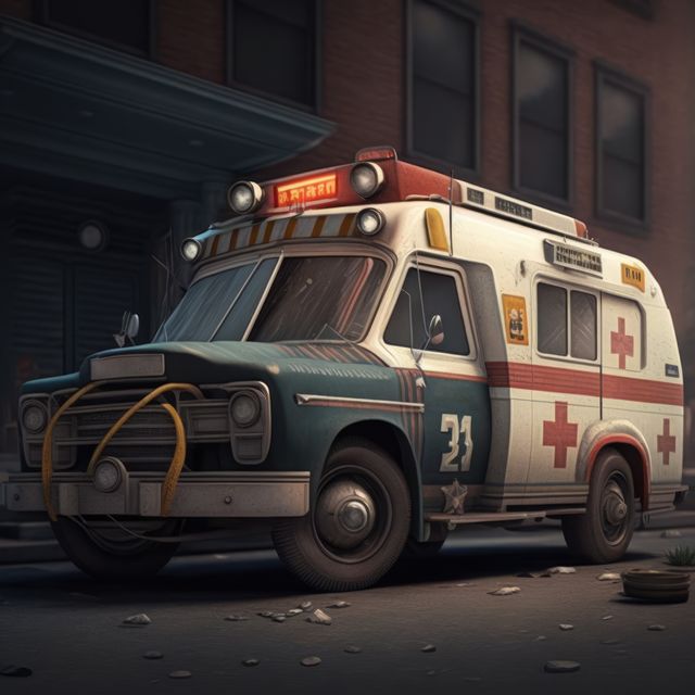 Ambulance in city street with building in background, created using generative ai technology. Ambulance and emergency medical services concept digitally generated image.