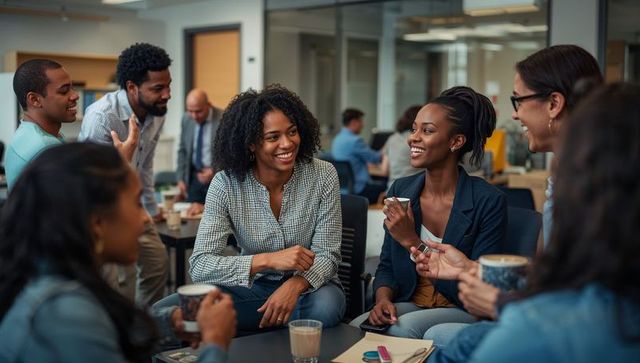 Coworkers chatting and laughing over coffee while collaborating in modern open office