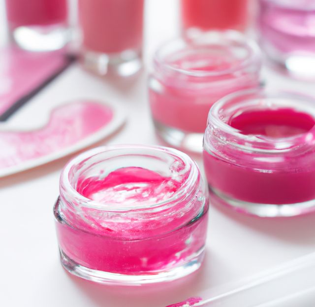 Close up of pink lip gloss in jars on white background. Fashion, glamour and beauty products.