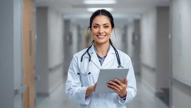 Smiling Doctor with Tablet in Modern Hospital Corridor